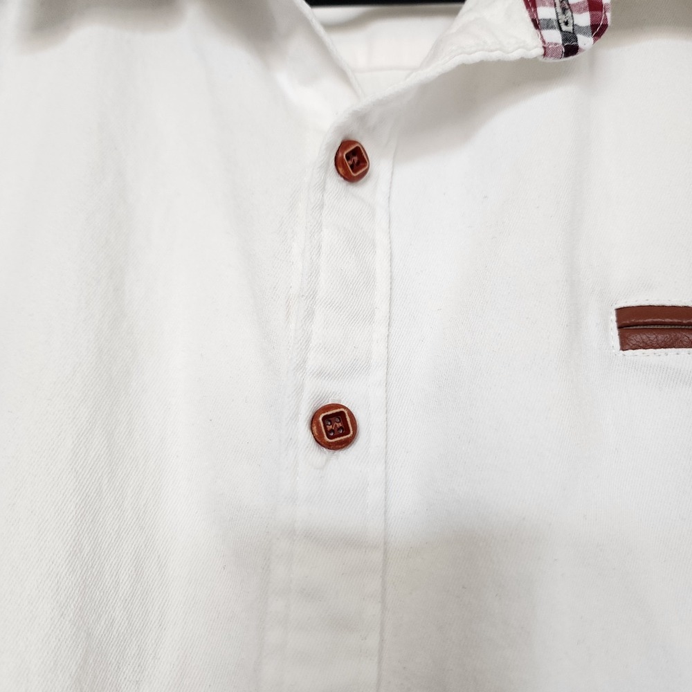 COOFANDY Mens XL White Button Front Shirt Plaid Trim Faux Leather Pocket Casual - Picture 4 of 10